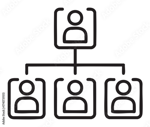 Black outline icon of an organizational chart with four connected human figures in a hierarchical structure.
