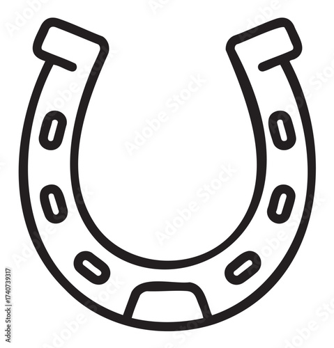 Black outline drawing of a horseshoe with symmetric nail holes, symbolizing good luck and protection.