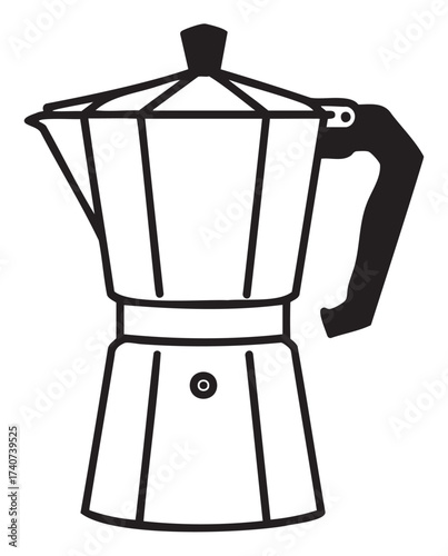 Black outline vector icon of a classic stovetop espresso maker with a distinct handle and lid. minimal illustration for coffee and kitchen concepts.