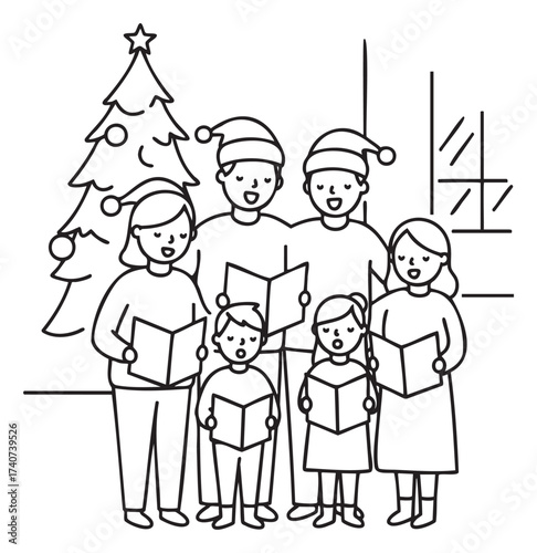 A group of people, including two adults and four children, singing christmas carols in front of a decorated tree while holding songbooks.
