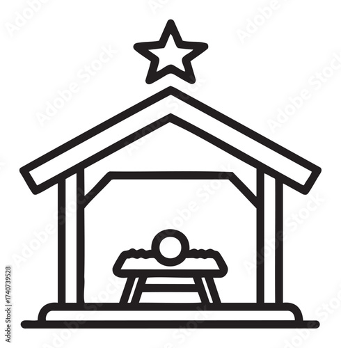 Black outline vector of a simple nativity scene with a stable, manger, and star. minimal illustration for religious and christmas concepts.