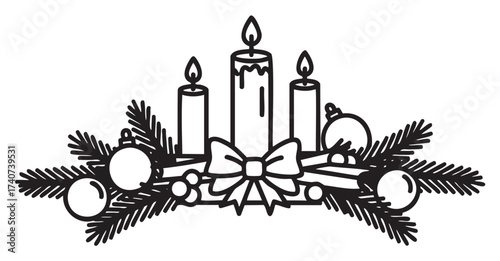 Black outline of decorative candles with pine branches and ornaments, forming a festive holiday centerpiece.
