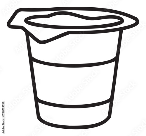 Black outline vector icon of a simple cup of yogurt with a partially peeled lid. minimal linear style for food and snack concepts.
