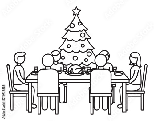 Six individuals sit around a dining table adorned with a festive meal, with a decorated christmas tree in the background.