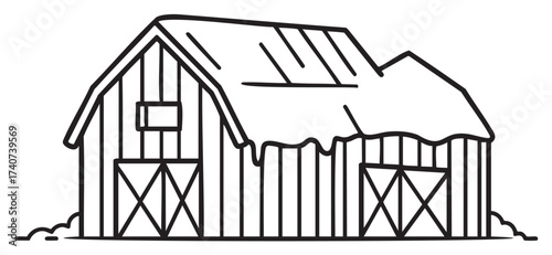 Black outline of a barn covered in snow, featuring double barn doors and vertical wooden planks.