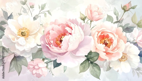 Pastel-colored floral illustration of delicate blossoms with green leaves against a hazy background. Soft colors and detailed petals