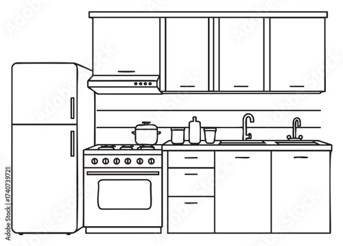 Black outline vector icon of a minimal linear kitchen with a refrigerator, stove, and cabinets illustrating home appliances and modern decor.