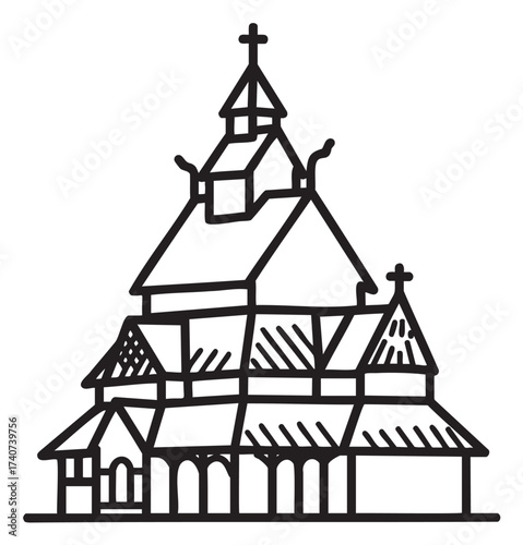 Black outline illustration of a traditional wooden stave church with multiple steep gabled roofs and ornate detailing.