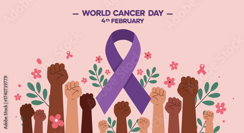 World Cancer Day Purple Ribbon and Diverse Fists Raised in Solidarity.