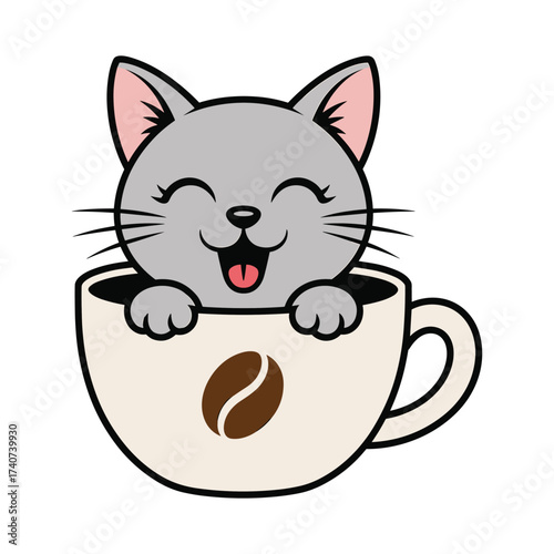 Cute cartoon grey cat peeking out of a coffee cup with bean kitten animal.