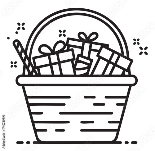 Black outline vector icon of a gift basket filled with wrapped presents and a candy cane, symbolizing celebration and gifting.