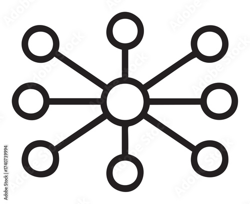 Black outline icon of a simple network diagram with a central circle connected to eight surrounding circles, symbolizing connection and communication.