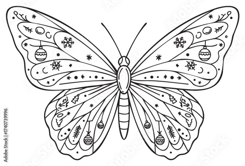 Detailed black and white line drawing of a butterfly with decorative patterns and ornaments on its wings, including snowflakes and baubles.