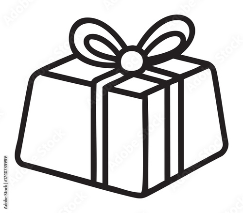 Black outline icon of a gift box with a ribbon tied in a bow on top, minimal design for birthday and celebration themes.