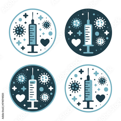 Medical Vaccination Stickers Promoting Health and Prevention with Needle and Heart Designs