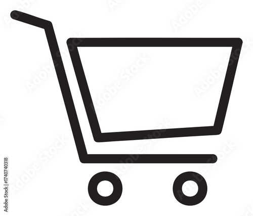 Black outline icon of a simple, empty shopping cart with two wheels and a handle. minimal design for retail, commerce, and grocery concepts.