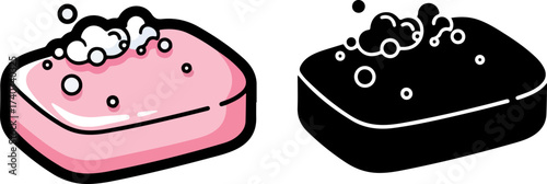 Pink soap bar with bubbles sits next to a black soap bar, representing cleanliness and hygiene in a minimalist style.