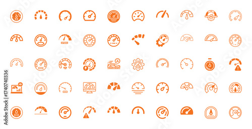Collection of Orange Speedometer and Gauge Icons on White Background
