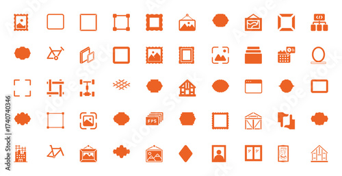 Collection of Orange Icons: Frames, Buildings, Technology, and More