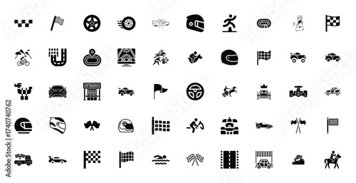 Collection of Sports and Racing Icons: Cars, Flags, Helmets, and More