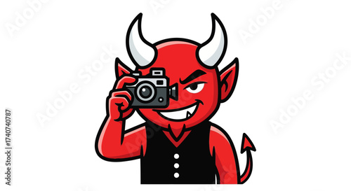 Cartoon red devil taking a photo with a vintage camera against a white background