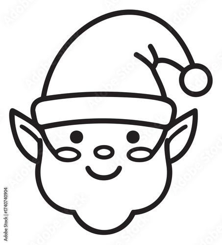 Black outline of santa's cheerful face with a bushy beard, wearing a classic hat with a pom-pom, showcasing a simple, festive design.