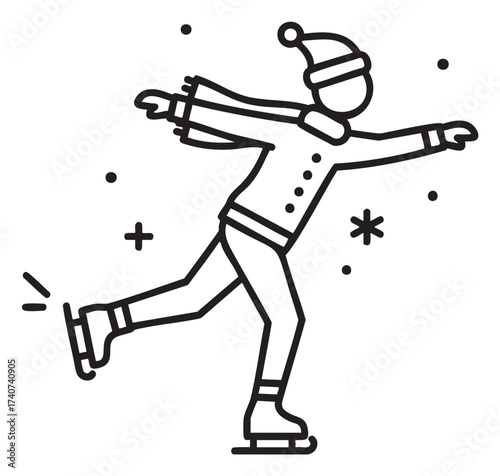 Black outline vector icon of a person ice skating, wearing a winter hat and scarf, surrounded by snowflakes and stars.