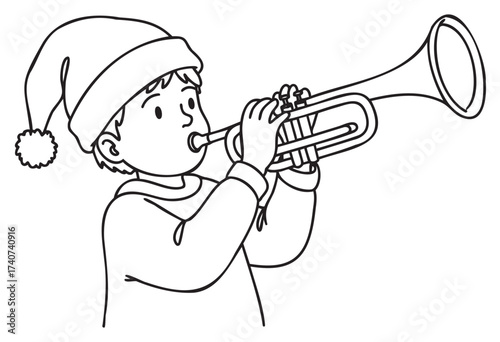 Young child wearing a festive hat playing a trumpet with focused expression in a black and white line drawing.