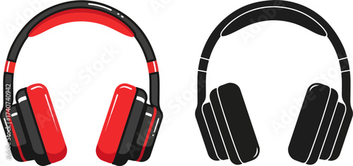 Two headphones, one red and black, the other black, sit side by side, representing different audio experiences in a minimalist style.