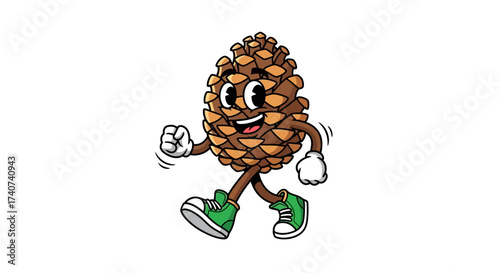 Cartoon pine cone character with expressive face walking happily with green shoes