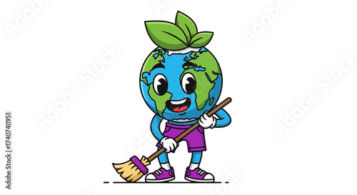 Cartoon earth character with a broom symbolizing environmental cleanup and conservation