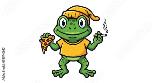 Cartoon frog wearing a hat holding a pizza slice and a cigarette cartoon illustration