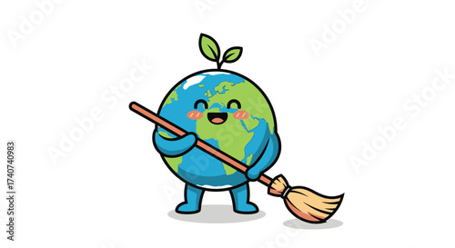Cartoon earth character sweeping with broom promoting environmental awareness and clean earth