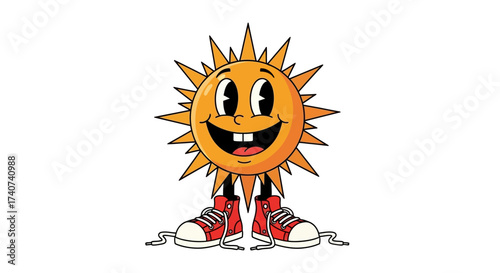 A cheerful sun cartoon character with red sneakers radiates positive energy and happiness