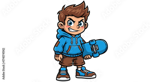 Cartoon illustration of a cool skateboarder boy with attitude holding a blue skateboard ready to