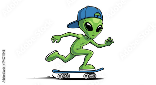 Extraterrestrial skateboarding: A funny alien rides a skateboard with agility and style