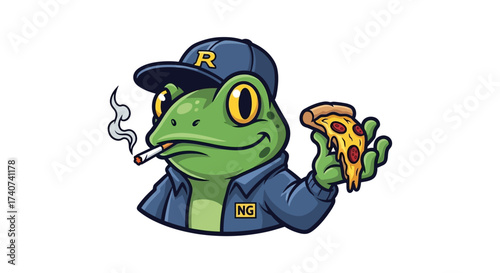 Cartoon frog character with a backwards cap smoking and eating a slice of pizza character design