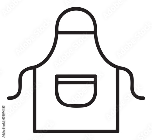 Black outline icon of a simple kitchen apron with pocket and ties, ideal for cooking and culinary themes.