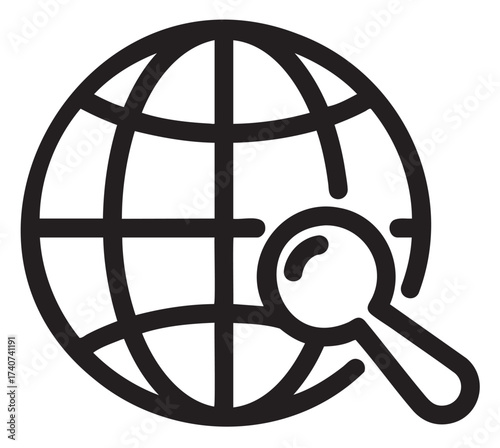 Black outline icon of a globe with a magnifying glass, representing global search and exploration concepts.