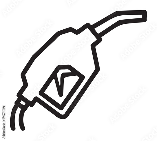 Black outline vector icon of a gasoline nozzle with a hose, symbolizing fuel and energy concepts.