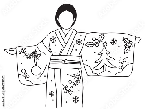 Black outline drawing of a kimono with festive christmas patterns, including holly, ornaments, and a tree, worn by a faceless person.