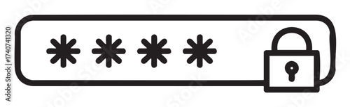 Black outline vector icon of a password field with asterisks and a lock symbol, representing security and privacy.