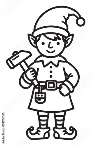 Cartoon elf character holding a hammer, wearing a pointed hat and striped leggings, conveying a whimsical and festive holiday theme.