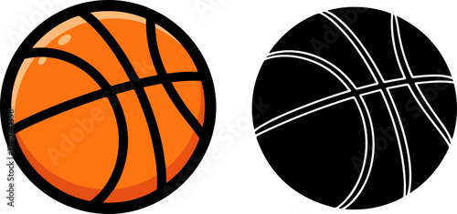 Orange basketball and black outline sit side by side representing sports and teamwork with a clean and modern feel.