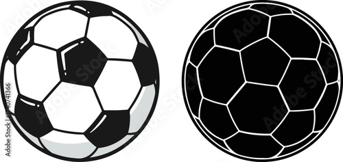 Two soccer balls, one black and white, the other solid black with white lines, sit side by side on a plain white background, creating a contrasting sporty image.