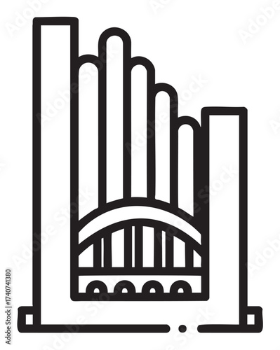 Black outline vector icon depicting a stylized architectural structure with vertical columns and an arched bridge element.