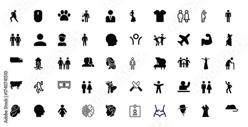 Diverse Collection of Black and White Icons Representing People, Animals, Objects, and Activities
