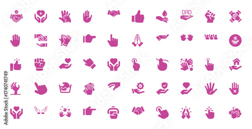 Collection of various hand gestures and symbols in a vibrant pink color, representing different actions.