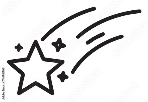 Black outline icon of a shooting star with multiple star trails for design and space themes.