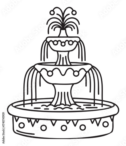 Black outline icon of a classic multi-tiered water fountain with cascading water and decorative elements.